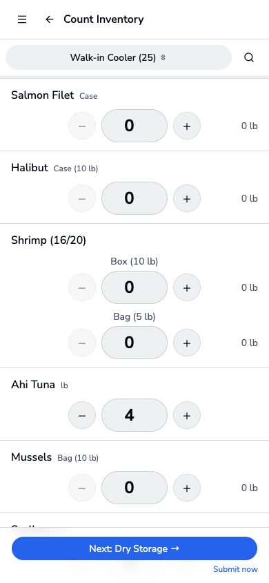 Estora count inventory view with zone-based counting and status indicators