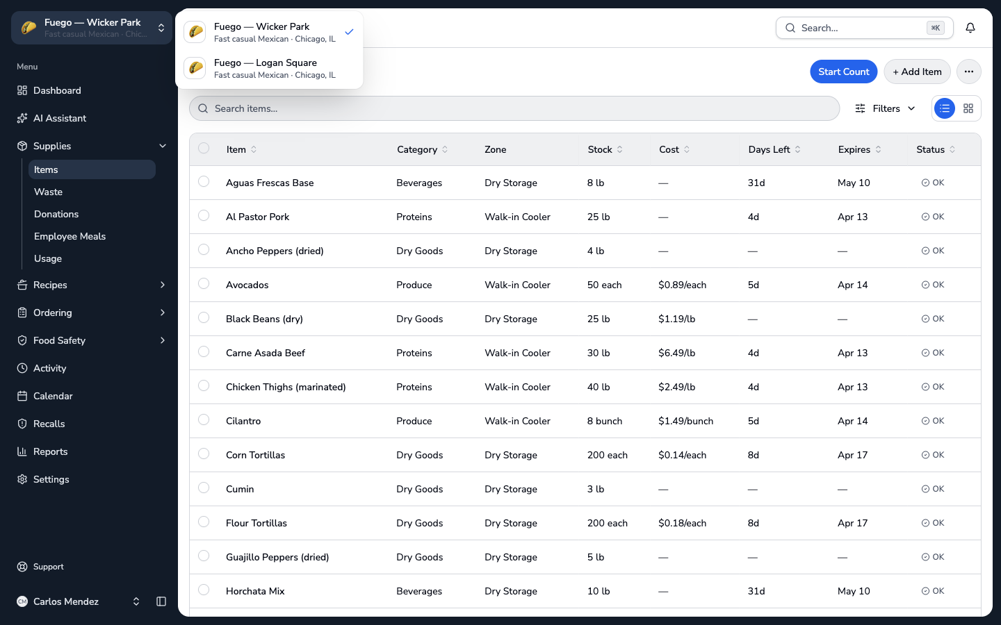 Estora multi-location switcher showing Fuego Wicker Park and Logan Square locations