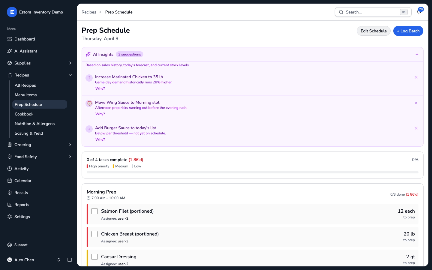 Estora prep schedule with AI insights and task tracking