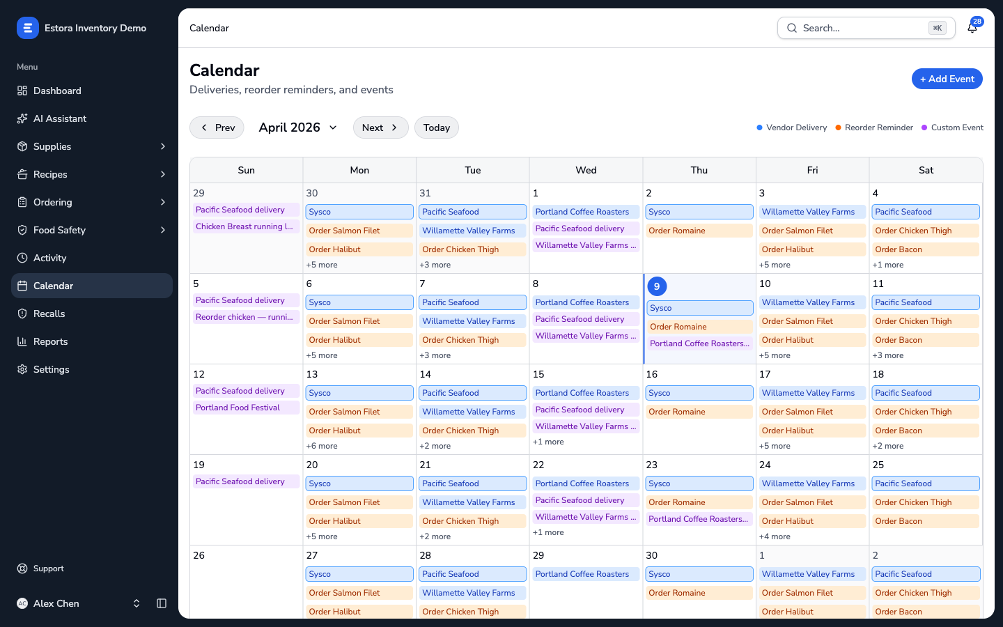 Estora delivery schedule calendar showing weekly vendor deliveries